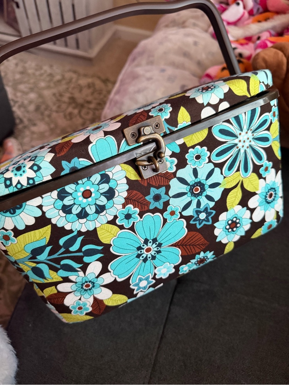 Floral Patterned Sewing Basket in Turquoise and Brown